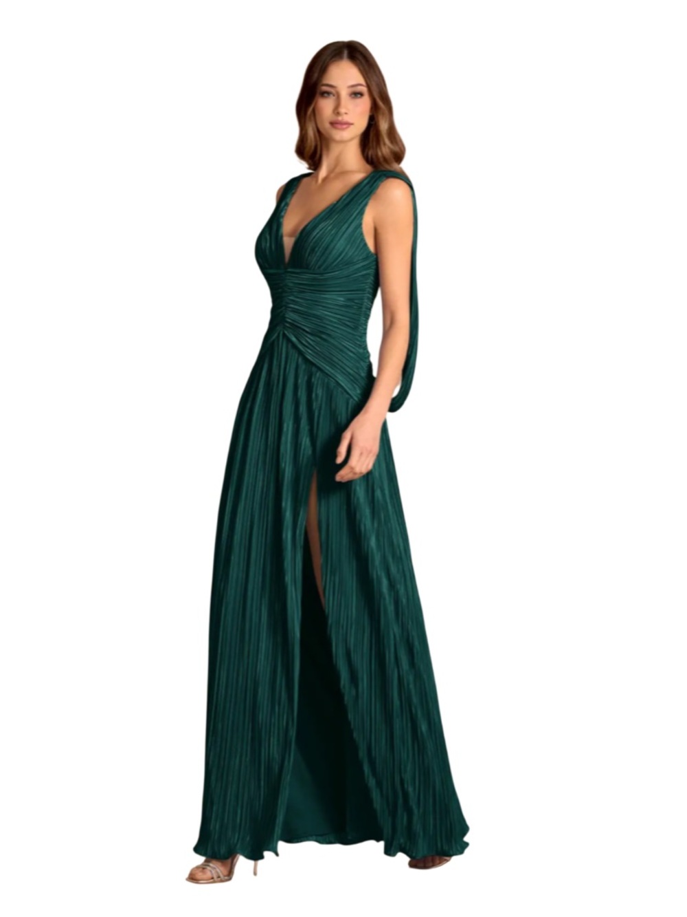 Azazie Quellia Emerald Green V-Neck Pleated Maxi Dress w Slit Homecoming Dress - Picture 3 of 7